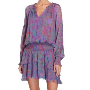 Ramy Brook Rosanna Purple Paisley Long Sleeve Mini Dress Women's Large L